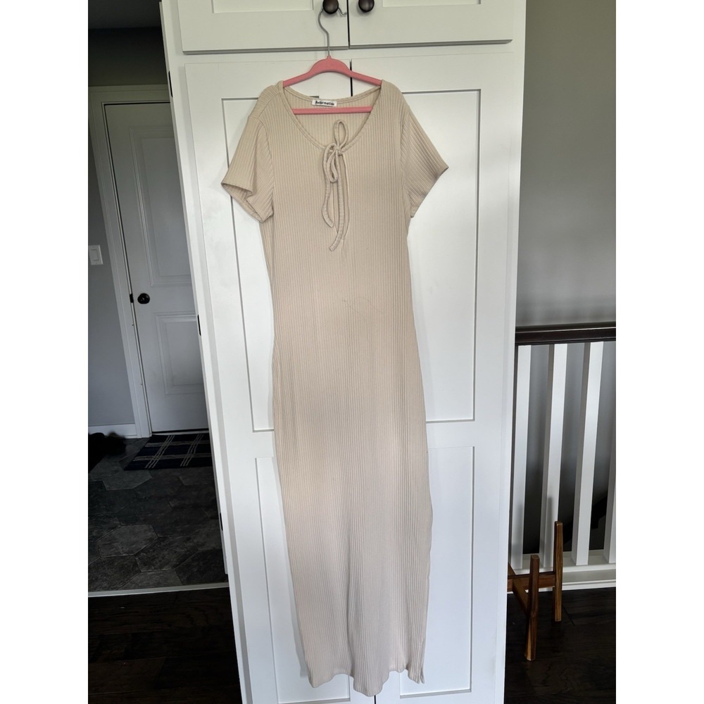 Reformation Ribbed Knit V-Neck Tie Dress Short Sleeve Beige Size S